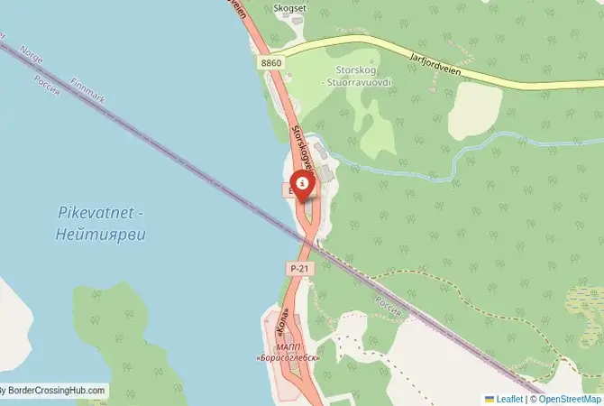 Close-up map showing a border crossing point with marker at the selected land port of entry between Russia and Norway