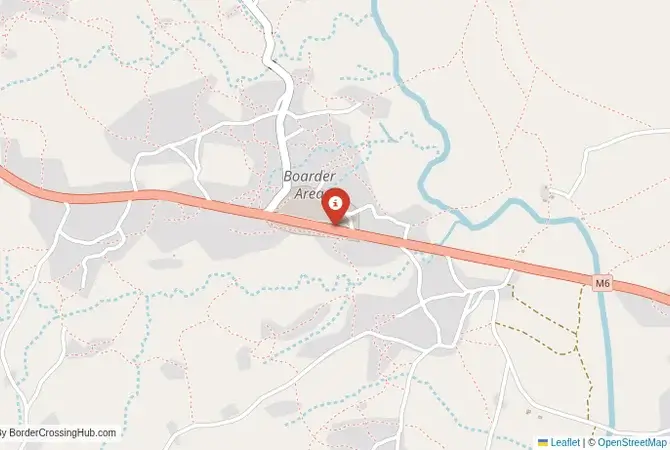 Close-up map showing a border crossing point with marker at the selected land port of entry between Malawi and Mozambique