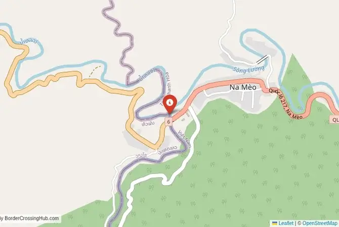 Close-up map showing a border crossing point with marker at the selected land port of entry between Laos and Vietnam