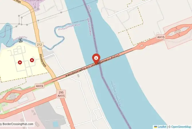 Close-up map showing a border crossing point with marker at the selected land port of entry between Laos and Thailand