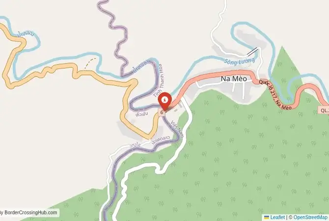 Close-up map showing a border crossing point with marker at the selected land port of entry between Vietnam and Laos