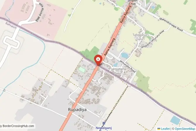 Close-up map showing a border crossing point with marker at the selected land port of entry between India and Nepal
