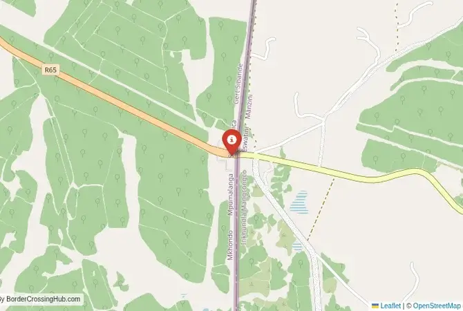 Close-up map showing a border crossing point with marker at the selected land port of entry between South Africa and Eswatini