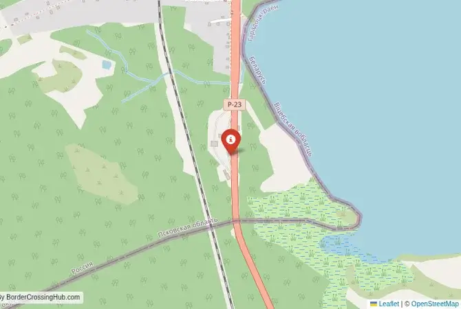 Close-up map showing a border crossing point with marker at the selected land port of entry between Belarus and Russia