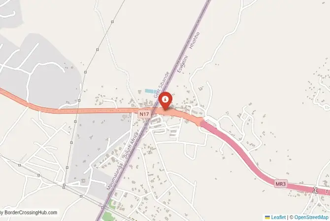 Close-up map showing a border crossing point with marker at the selected land port of entry between South Africa and Eswatini