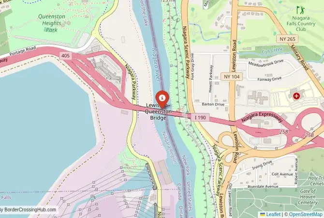 Close-up map showing a border crossing point with marker at the selected land port of entry between United States and Canada