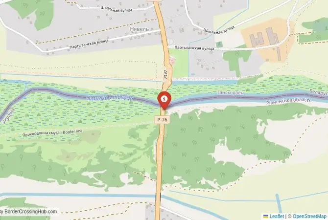 Close-up map showing a border crossing point with marker at the selected land port of entry between Belarus and Ukraine