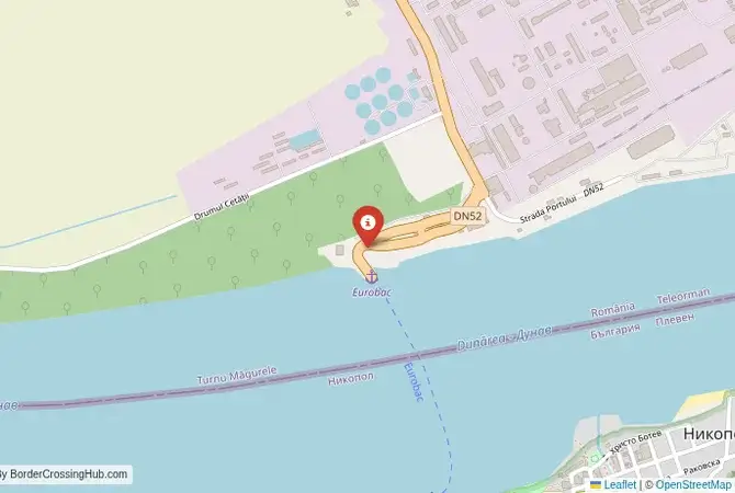 Close-up map showing a border crossing point with marker at the selected land port of entry between Bulgaria and Romania