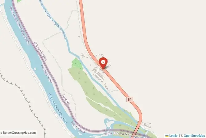 Close-up map showing a border crossing point with marker at the selected land port of entry between Namibia and South Africa
