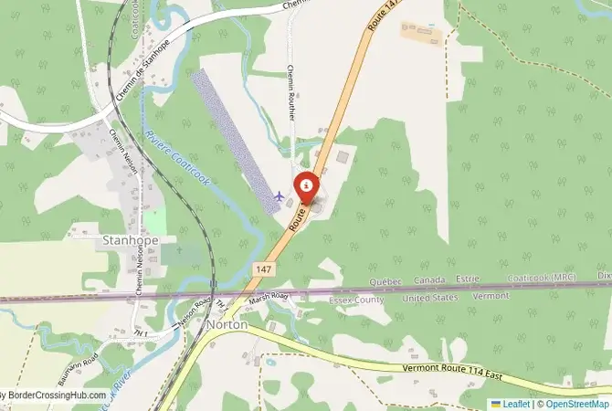 Close-up map showing a border crossing point with marker at the selected land port of entry between United States and Canada