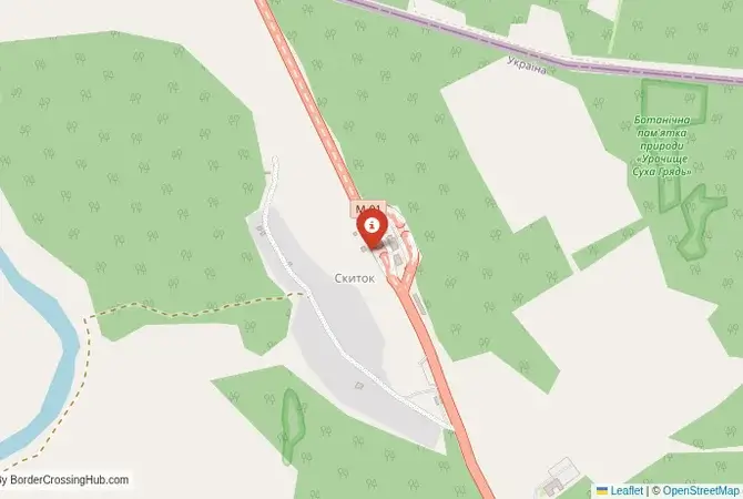 Close-up map showing a border crossing point with marker at the selected land port of entry between Belarus and Ukraine