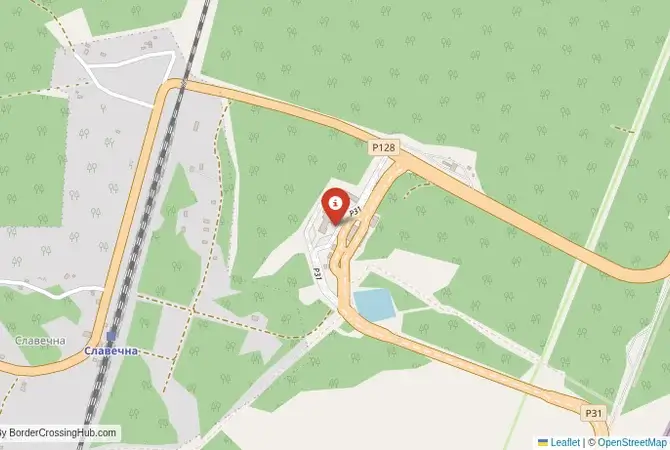 Close-up map showing a border crossing point with marker at the selected land port of entry between Belarus and Ukraine