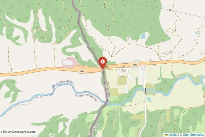Close-up map showing a border crossing point with marker at the selected land port of entry between North Macedonia and Bulgaria