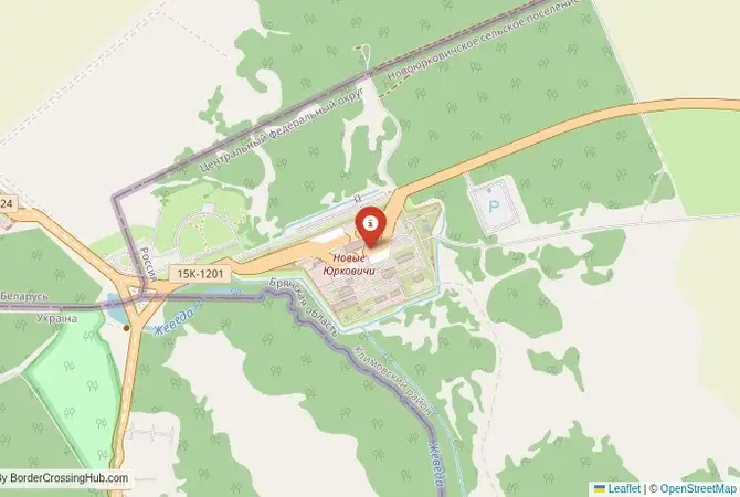 Close-up map showing a border crossing point with marker at the selected land port of entry between Ukraine and Russia