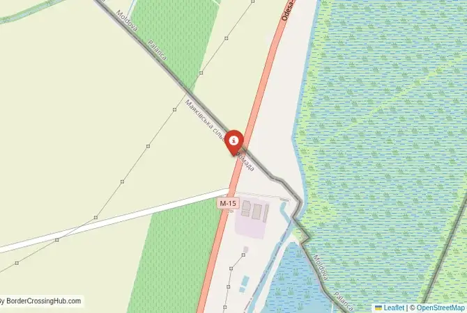 Close-up map showing a border crossing point with marker at the selected land port of entry between Moldova and Ukraine