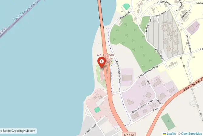 Close-up map showing a border crossing point with marker at the selected land port of entry between United States and Canada