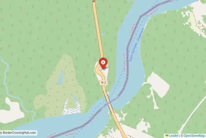 Close-up map showing a border crossing point with marker at the selected land port of entry between Brazil and French Guiana*