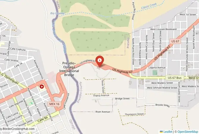 Close-up map showing a border crossing point with marker at the selected land port of entry between United States and Mexico