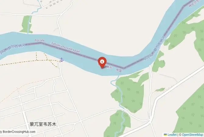Close-up map showing a border crossing point with marker at the selected land port of entry between China and Russia