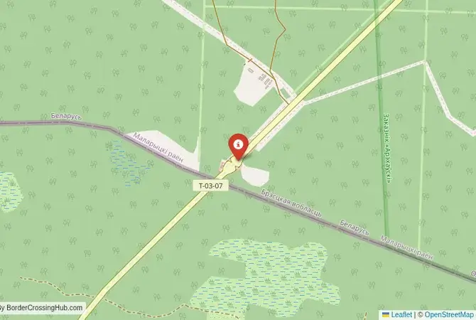 Close-up map showing a border crossing point with marker at the selected land port of entry between Belarus and Ukraine