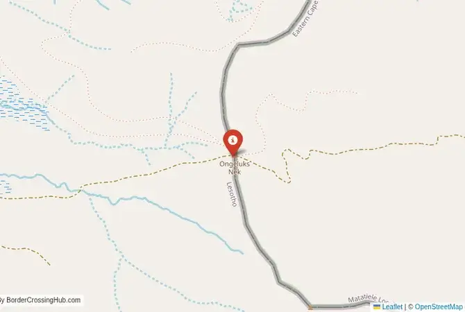 Close-up map showing a border crossing point with marker at the selected land port of entry between South Africa and Lesotho