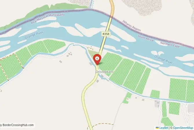 Close-up map showing a border crossing point with marker at the selected land port of entry between Namibia and South Africa