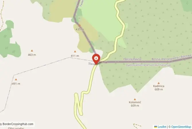 Close-up map showing a border crossing point with marker at the selected land port of entry between Bosnia and Herzegovina and Croatia