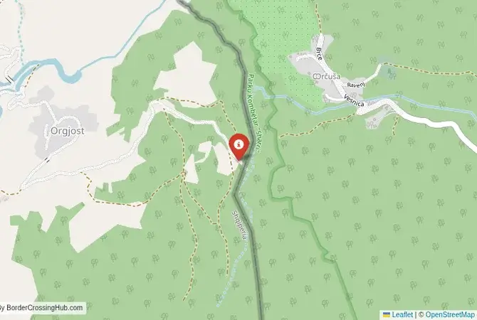 Close-up map showing a border crossing point with marker at the selected land port of entry between Albania and Kosovo