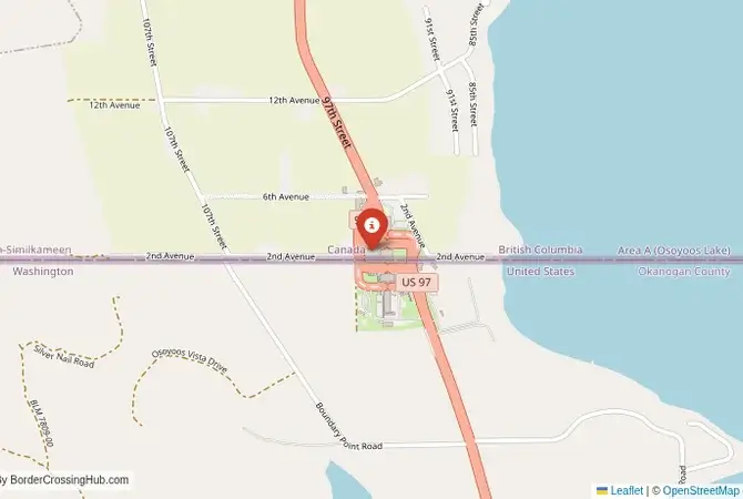 Close-up map showing a border crossing point with marker at the selected land port of entry between United States and Canada