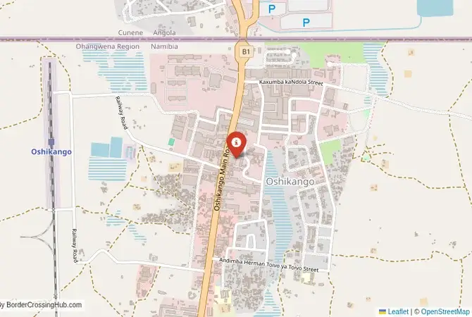 Close-up map showing a border crossing point with marker at the selected land port of entry between Angola and Namibia