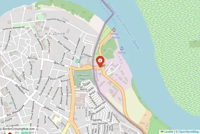Close-up map showing a border crossing point with marker at the selected land port of entry between Bulgaria and Romania