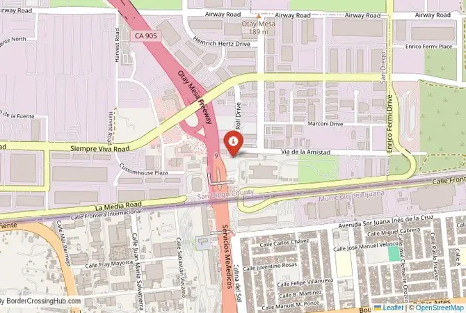 Close-up map showing a border crossing point with marker at the selected land port of entry between United States and Mexico