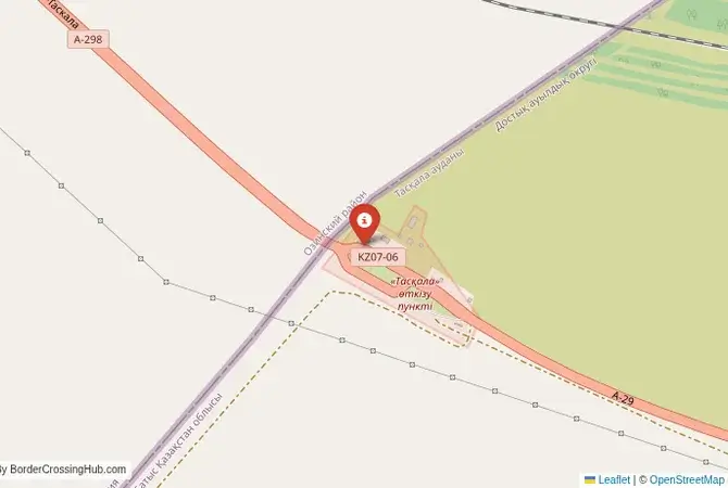 Close-up map showing a border crossing point with marker at the selected land port of entry between Kazakhstan and Russia