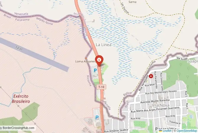 Close-up map showing a border crossing point with marker at the selected land port of entry between Brazil and Venezuela