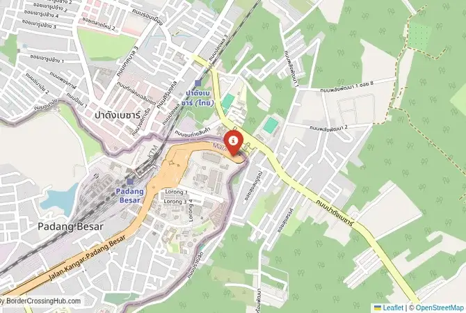 Close-up map showing a border crossing point with marker at the selected land port of entry between Thailand and Malaysia