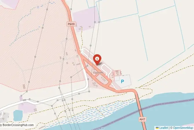 Close-up map showing a border crossing point with marker at the selected land port of entry between Tajikistan and Afghanistan