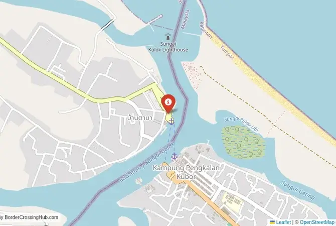 Close-up map showing a border crossing point with marker at the selected land port of entry between Malaysia and Thailand