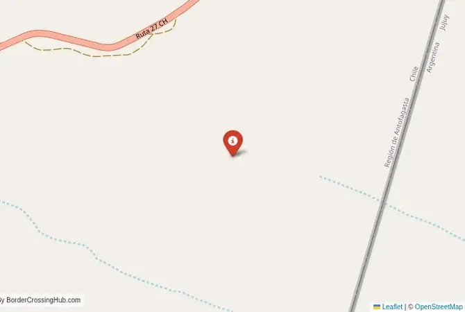 Close-up map showing a border crossing point with marker at the selected land port of entry between Argentina and Chile