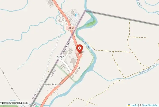 Close-up map showing a border crossing point with marker at the selected land port of entry between Nicaragua and Costa Rica