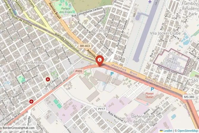 Close-up map showing a border crossing point with marker at the selected land port of entry between Brazil and Paraguay