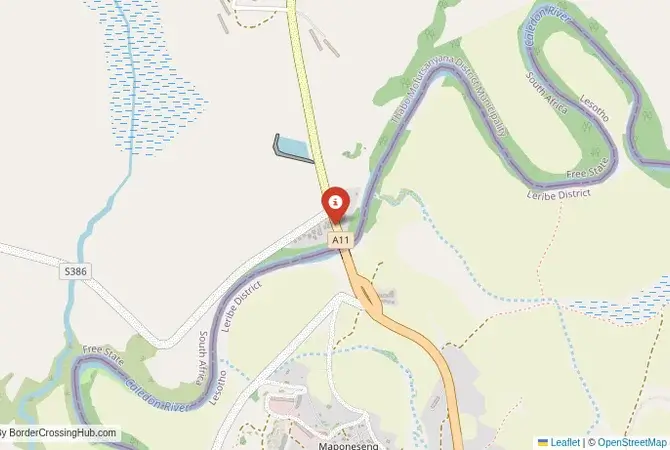 Close-up map showing a border crossing point with marker at the selected land port of entry between South Africa and Lesotho