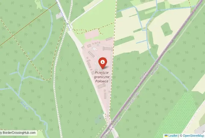 Close-up map showing a border crossing point with marker at the selected land port of entry between Belarus and Poland