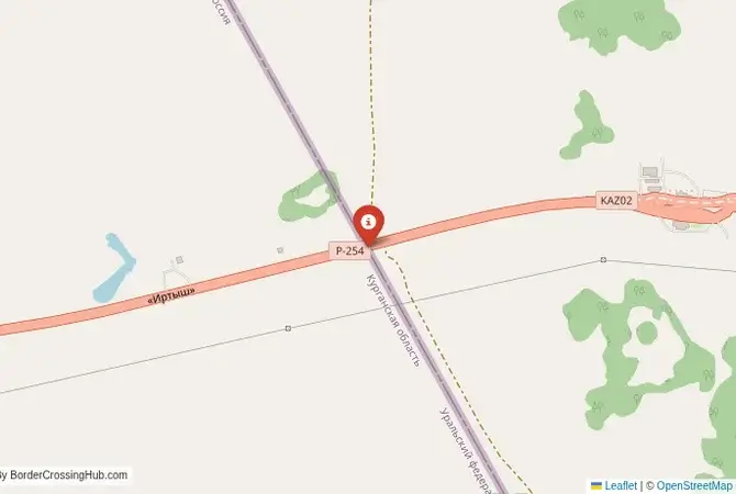 Close-up map showing a border crossing point with marker at the selected land port of entry between Kazakhstan and Russia