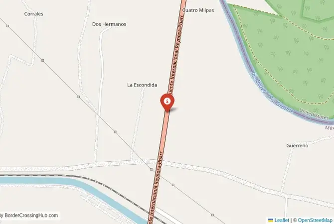 Close-up map showing a border crossing point with marker at the selected land port of entry between United States and Mexico