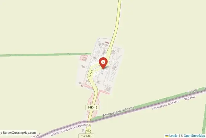 Close-up map showing a border crossing point with marker at the selected land port of entry between Ukraine and Russia