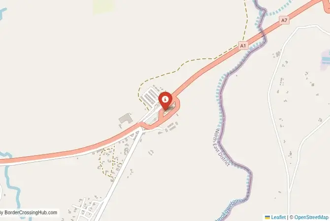 Close-up map showing a border crossing point with marker at the selected land port of entry between Zimbabwe and Botswana