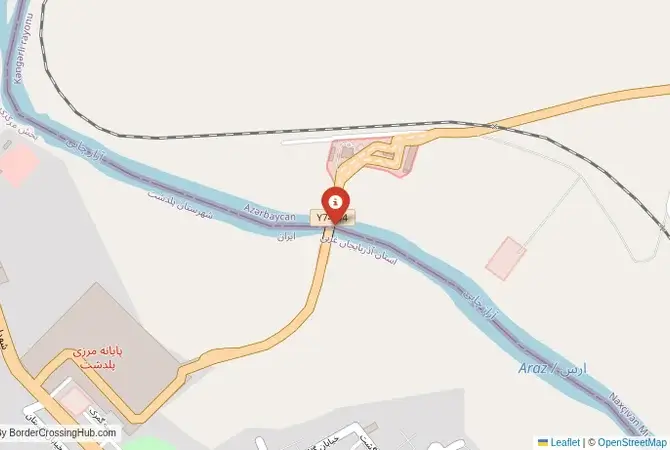 Close-up map showing a border crossing point with marker at the selected land port of entry between Azerbaijan and Nakhchivan (Az exclave)