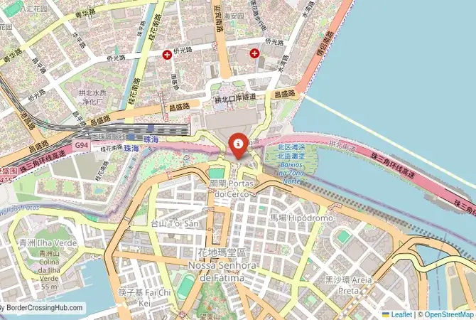 Close-up map showing a border crossing point with marker at the selected land port of entry between Macau and China