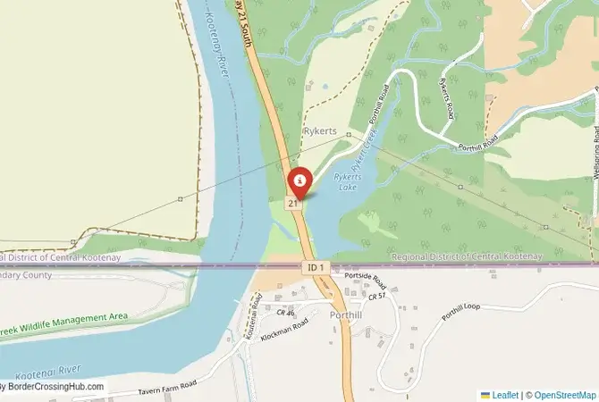 Close-up map showing a border crossing point with marker at the selected land port of entry between United States and Canada