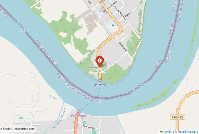 Close-up map showing a border crossing point with marker at the selected land port of entry between Brazil and Argentina